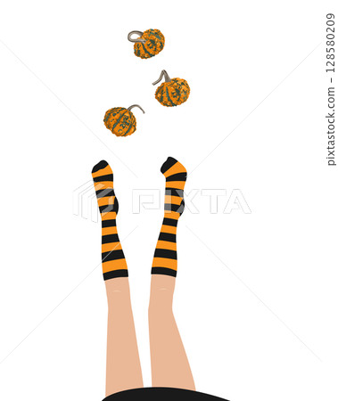 Women legs in striped black and orange socks. October banner for Halloween holiday party. Vector design element. Women legs in striped black and orange socks. October banner for Halloween holiday party. Vector design element. 128580209