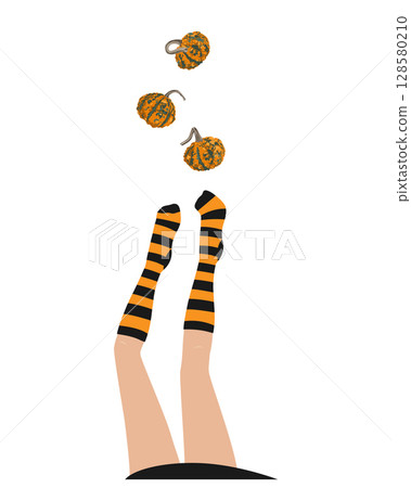 Women legs in striped black and orange socks juggling small warty gourds. October banner for Halloween holiday party. Vector isolated illustration. Women legs in striped black and orange socks juggling small warty gourds. October banner for Halloween holiday party. Vector isolated illustration. 128580210
