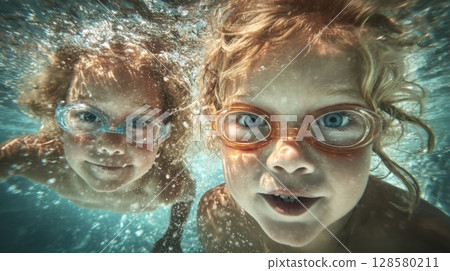 Two children wearing goggles making funny faces for an underwater selfie in a swimming pool. Perfect for themes of summer fun, childhood, and water activities 128580211