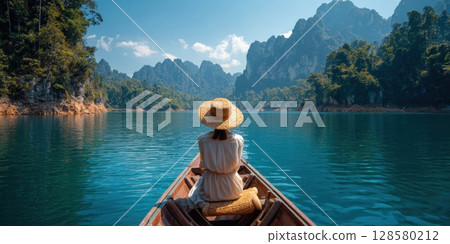 Woman in a straw hat on a traditional boat, admiring a serene lake surrounded by stunning mountains. Perfect for travel, nature, escape, and adventure themes. 128580212