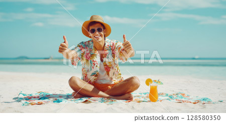 A cheerful man in a Hawaiian shirt and straw hat sits on a tropical beach with a drink, giving thumbs up, embodying vacation happiness. 128580350