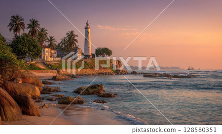 Fort Lighthouse Stands Tall on Coast, a Beacon of Maritime Heritage, Colonial Charm. This Iconic Landmark, Bathed in Sunlight, Invites Travelers to Explore its Ancient Walls 128580351