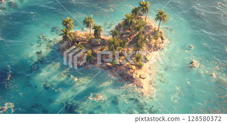 Discover breathtaking heart-shaped island nestled in waters, surrounded by lush greenery. This stunning aerial shot captures essence of romantic getaways, pristine nature, idyllic travel destinations 128580372