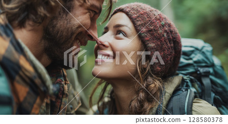 A close-up portrait of a happy couple sharing an intimate moment in a natural setting, their smiles reflecting a strong bond and affection, perfect for themes of love, relationships, and outdoor 128580378