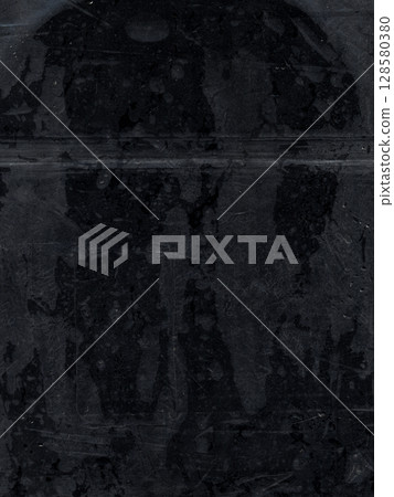 Wet film. Dirty foil. Blue color dust scratches water drops distressed weathered texture aged surface dark grunge on abstract black background. 128580380