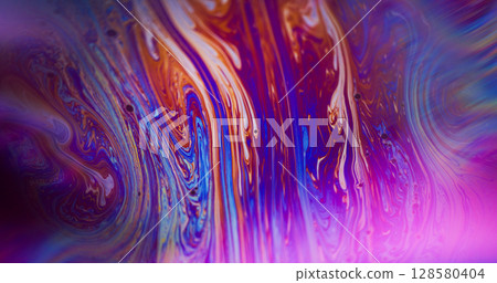 Light water. Acrylic pigment. Defocused purple blue yellow color drop brown round ink texture floating on abstract neon background. 128580404