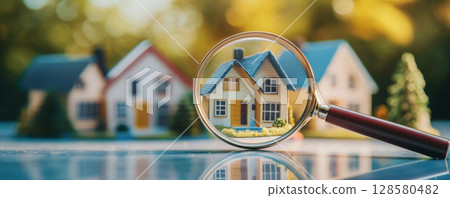 Focused house under magnifying glass with multiple homes in background. 128580482