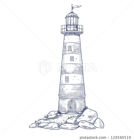 Vector illustration of Lighthouse on rocks for nautical design. Outline drawing of coastal scene compositions with Light house and seashore. Linear etching of Beacon on a Cliff painted by inks. Vector illustration of Lighthouse on rocks for nautical design. Outline drawing of coastal scene compositions with Light house and seashore. Linear etching of Beacon on a Cliff painted by inks. 128580519