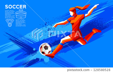 Geometric Vector of Female Soccer Player in Action with Abstract Brush Background  128580528