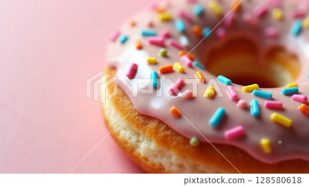 Vibrant Glazed Doughnut Macro with Textured Icing and Rainbow Sprinkles 128580618