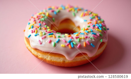 Colorful Sprinkle Doughnut in Macro with Textured Glaze and Pastel Light 128580619