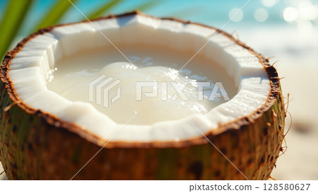 Fresh Tropical Coconut Water on Beach with Palm Leaf Accent 128580627