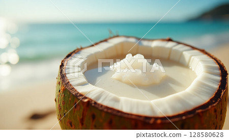 Tropical Coconut Water with Floating Flesh on Sunny Beach Tropical Coconut Water with Floating Flesh on Sunny Beach 128580628