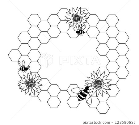 Bees, honey, honeycomb Frame Oval template. Vector graphic line illustration. Perfect for cards, decorations, stickers, logo, menu, various designs. 128580655