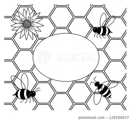 Honey abstract background, honeycomb Frame Oval template. Vector graphic line illustration. design for fashion graphics, textile prints, fabrics, wallpapers. 128580657