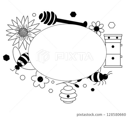 Round frame with bees and honey items Oval template. Vector graphic line illustration. design for fashion graphics, textile prints, fabrics, wallpapers. For logo, web, package, sticker. 128580660