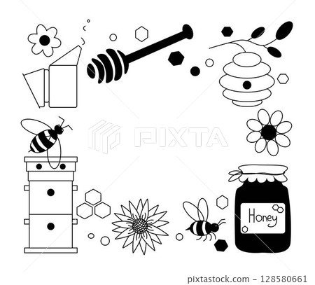 honey bees flowers Frame Oval template. Vector graphic line illustration. Silhouette sign for logo, print, comics, fashion, pop art, boards, design, stickers, decoration, posters 128580661