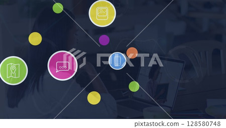 Image of digital icons over caucasian woman on laptop image call Image of digital icons over caucasian woman on laptop image call 128580748