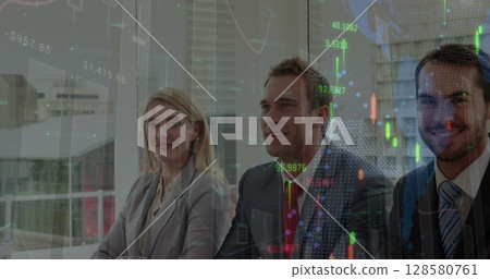Image of digital interface and financial data processing over caucasian businesspeople Image of digital interface and financial data processing over caucasian businesspeople 128580761
