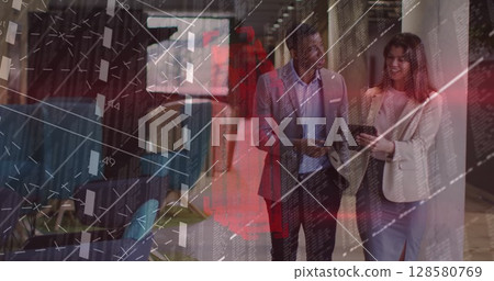 Image of financial data processing over diverse business people in office 128580769