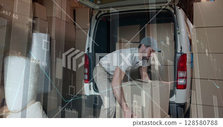 Image of financial data over caucasian male courier loading packages into car Image of financial data over caucasian male courier loading packages into car 128580788