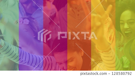 Image of rainbow over group of happy people Image of rainbow over group of happy people 128580792