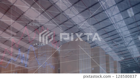 Image of financial data and graphs over packages in warehouse Image of financial data and graphs over packages in warehouse 128580837