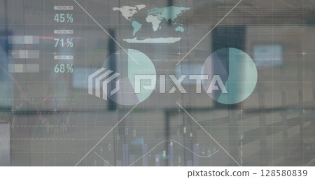 Image of financial data and graphs over packages in warehouse 128580839