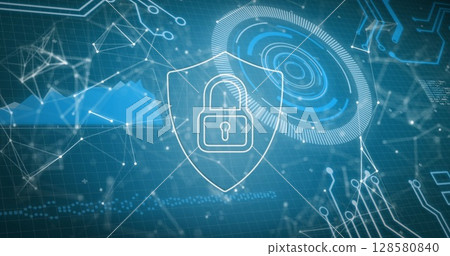 Image of connections, data and digital shield with padlock on blue background 128580840