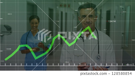 Image of financial data over diverse female and male doctors 128580854