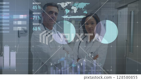 Image of financial data over diverse female and male doctors 128580855
