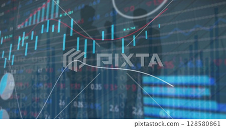 Image of data processing over silhouettes of business people Image of data processing over silhouettes of business people 128580861