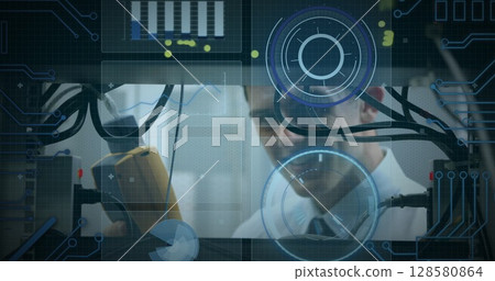 Image of data processing over caucasian man inspecting server room Image of data processing over caucasian man inspecting server room 128580864