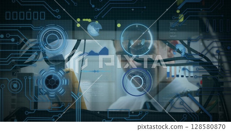 Image of data processing over caucasian man inspecting server room 128580870