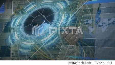 Image of data processing over caucasian man inspecting server room Image of data processing over caucasian man inspecting server room 128580871