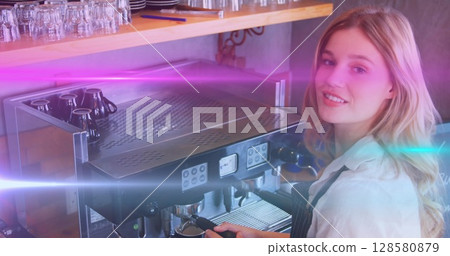 Image of light spots over caucasian woman preparing coffee in cafe 128580879
