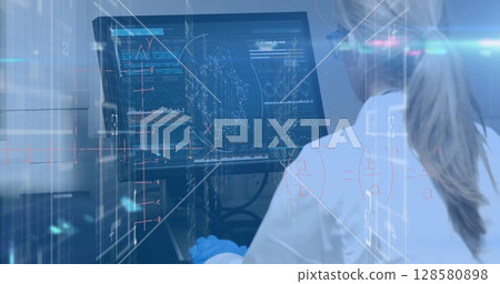 Image of data processing over female caucasian scientist using computer 128580898