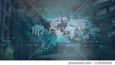 Image of financial data over world map, businesspeople and clouds Image of financial data over world map, businesspeople and clouds 128580902