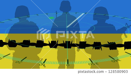 Image of radar, soldiers and barber wire over flag of ukraine Image of radar, soldiers and barber wire over flag of ukraine 128580903