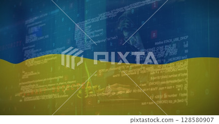 Image of caucasian male hacker and data processing over flag of ukraine 128580907