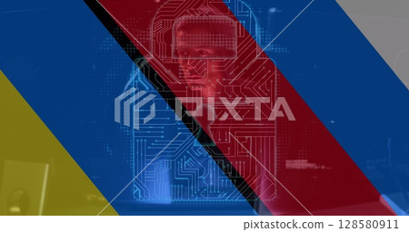 Image of caucasian male hacker, folders and digital padlock over flag of ukraine and russia Image of caucasian male hacker, folders and digital padlock over flag of ukraine and russia 128580911