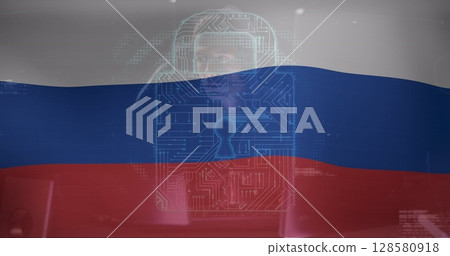 Image of caucasian male hacker, data processing and padlock over flag of russia 128580918