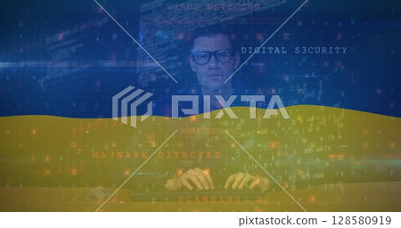 Image of caucasian male hacker and data processing over flag of ukraine 128580919