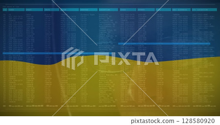 Image of caucasian male hacker and data processing over flag of ukraine 128580920