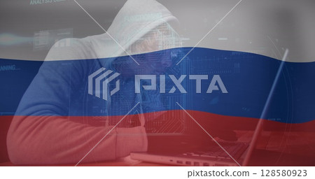 Image of caucasian male hacker over flag of russia Image of caucasian male hacker over flag of russia 128580923