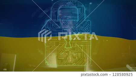Image of caucasian male hacker, data processing and padlock over flag of ukraine 128580925