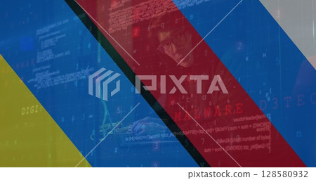 Image of asian male hacker over flag of russia and ukraine Image of asian male hacker over flag of russia and ukraine 128580932