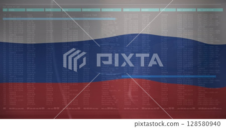 Image caucasian male hacker and data processing over flag of russia Image caucasian male hacker and data processing over flag of russia 128580940