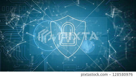 Image of digital shield with padlock and connections on blue background 128580976