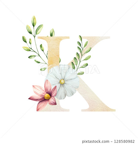 Watercolor letter K with floral ornament and soft foliage, gerbera, chamomile, echinacea. Delicate hand drawn butterfly and botanical elements in elegant.Transparent PNG, perfect for wedding monogram Watercolor letter K with floral ornament and soft foliage, gerbera, chamomile, echinacea. Delicate hand drawn butterfly and botanical elements in elegant.Transparent PNG, perfect for wedding monogram 128580982